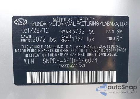 2013 Hyundai Elantra Limited from USA, damaged, VIN 5NPDH4AE1DH246074